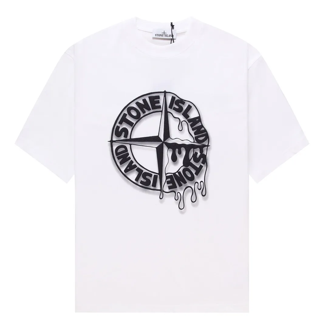 W673#P110💰 [Stone lsland/Stone Island summer new short-sleeved T-shirt with melted printed pattern on the chest] ⚠️[Original creation with high control of details] - Made of 260g combed cotton 32-count double yarn, soft and comfortable to the touch, sweat-absorbent and breathable. - Simple, basic and versatile style, original single quality, the first choice for couples. - Made in a large factory, four needles and five threads on the shoulder, neat alignment, high quality workmanship. - Same style for men and women. Very versatile, one piece for everyone, details are clearly visible. Color: Black White Size: M L